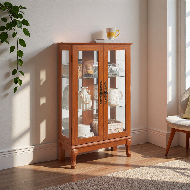 2 Doors Curio Cabinet With Tempered Glass Doors, Curio Cabinets With Mirrored Back Panel And Adjustable Shelves, Lighted Display Cabinet For Home, Office Light Bulb Included