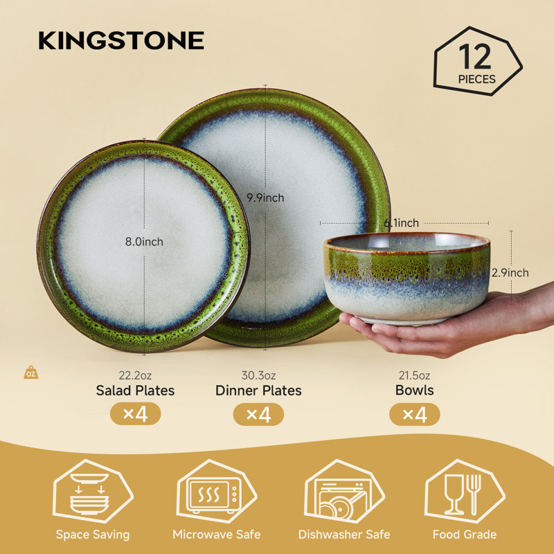 12-Piece Stoneware Dinnerware Sets, Reactive Glaze Plates and Bowls Sets for 4, Green