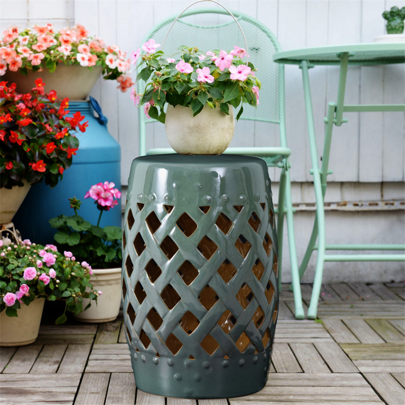 Outsunny 13" X 18" Garden Stool With Woven Lattice Design & Glazed Strong Materials Decorative End Table