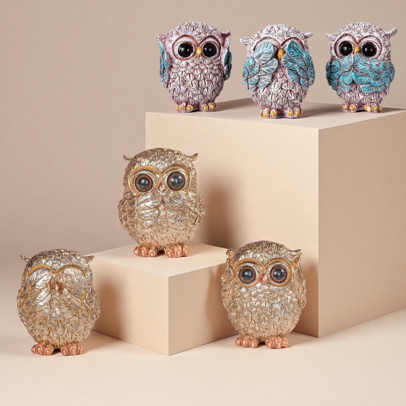 Ensemble de 3 sculptures hibou, Marine