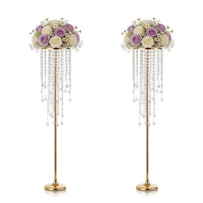 2PCS Gold Tall Vases for Wedding Centerpiece Metal Flower Crystal Centerpieces Stand with Crystal Beads for Event Party Reception Center Piece Floral Arrangements