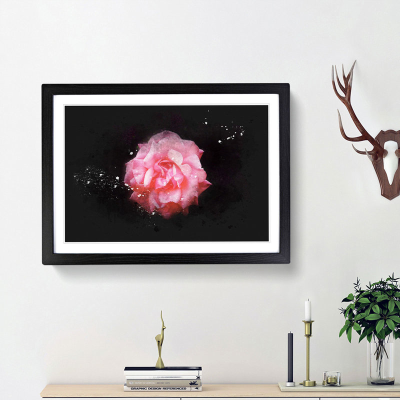 Lone Pink Carnation Paint Splash - Picture Frame Graphic Art, 24cm H x 33cm W x 2cm D, Black Framed