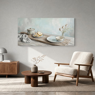 Sliced Pears and Ceramic Jar on Wooden Board Canvas Wall Art