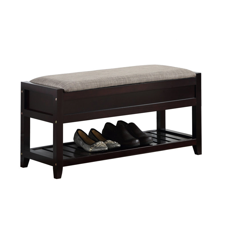 Shoe Storage And Seating Unit - Gray Fabric Padded Seat, Concealed Space, Wood -Colored Bench With Container Comfortable Upholstery, Hidden Compartment, Extra Shelf, Construction