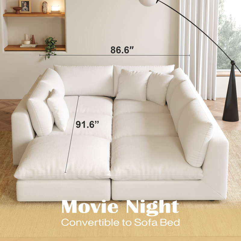 Oversized U Shaped Piece Modular Cloud Sectional Sofa with  Ottoman Off White Linen