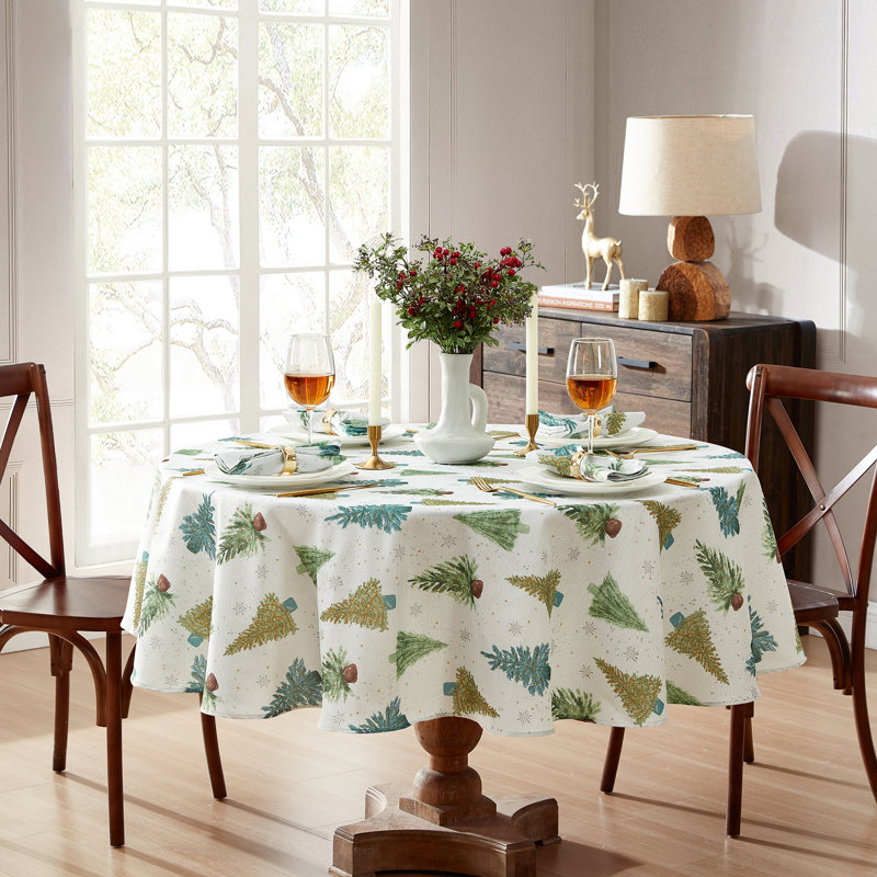 Lucina Twinkle Trees Holiday Off-White Polyester Round Tablecloth