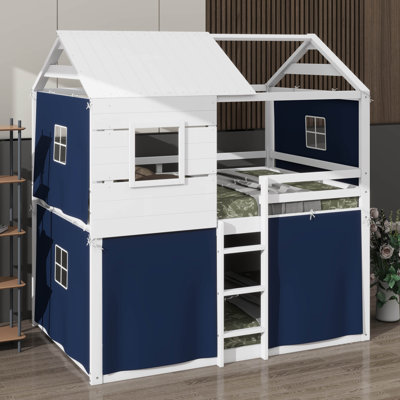 Twin-Sized Wooden Bunk Bed, Cottage-Style Bed With Windows And Play Tent, Low Loft Bed Frame With Secure Guardrail