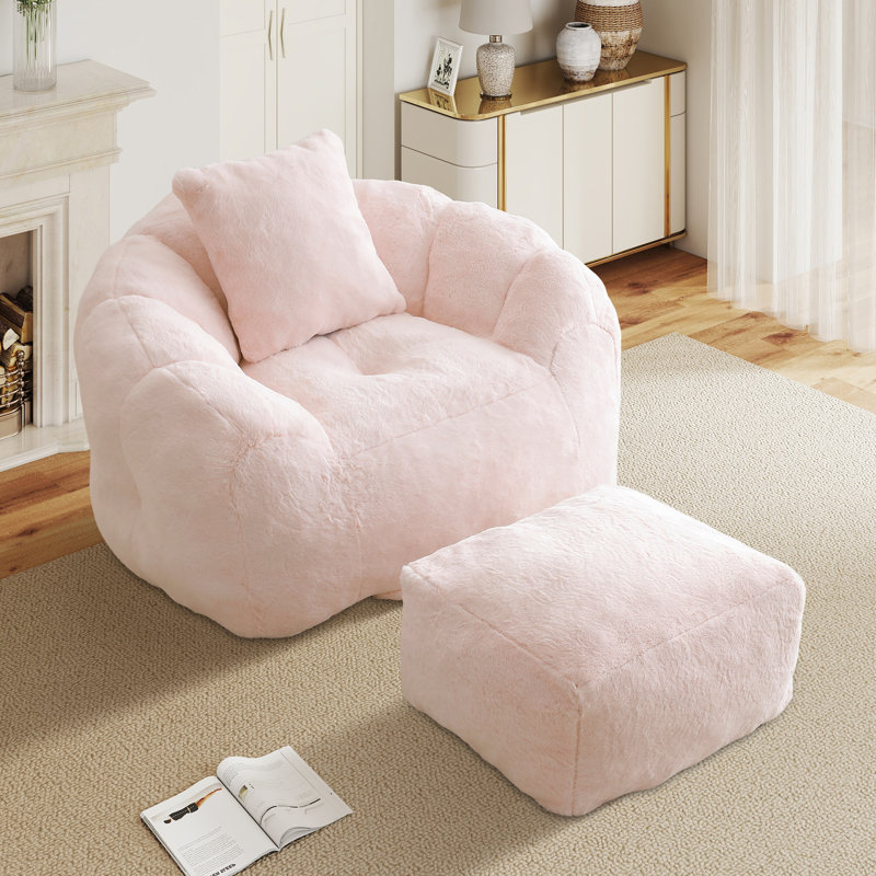 Fauteuil à billes avec méridienne et repose-pieds ESGiant, Fausse fourrure rose