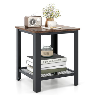 2-Tier Industrial End Table With Storage Shelf For Small Space