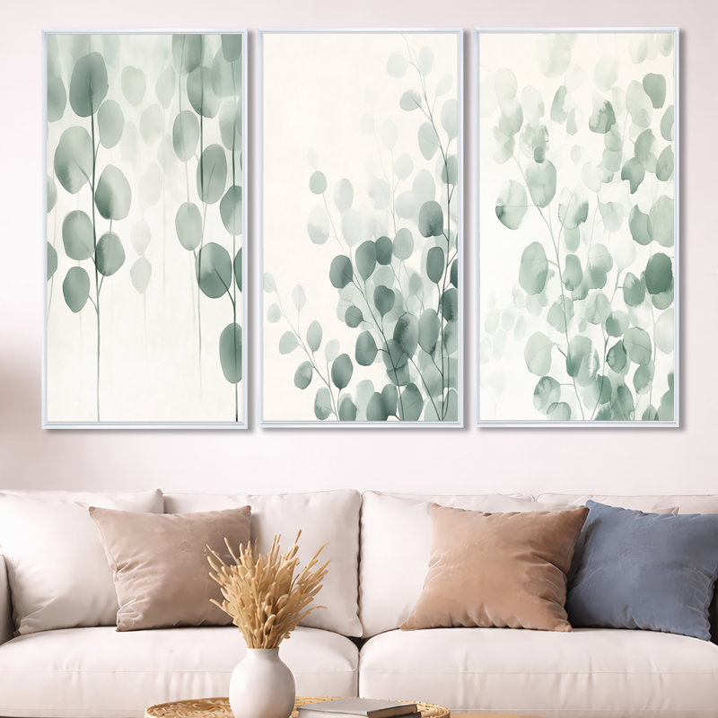 "Minimal Leaves Beauty Calming", art mural encadré 3 pièces, H 32 po x l 48 po, Cadre flottant blanc