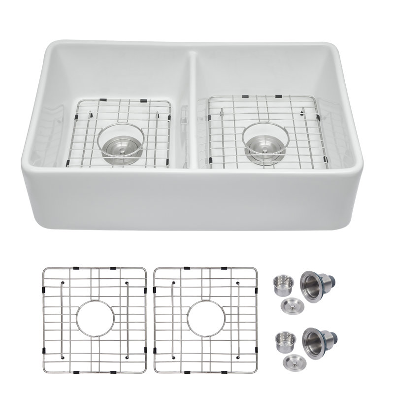 Évier de cuisine à double cuve en céramique à tablier frontal / à tablier frontal avec accessoires L 32 po x l 20 po x 50 po