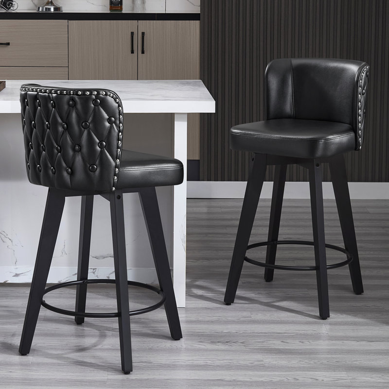 Black Swivel Bar Stools Set of 2, 27.5" PU Leather Seat with Tufted Back, Solid Wood Legs, Counter Height Bar Chairs for Kitchen Island, Dining Room, Café
