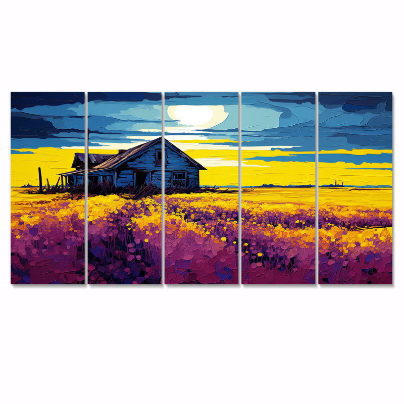 «White Country House Lavender Field Sunset», art mural paysage sur toile 5 pièces, H 32 po x l 80 po