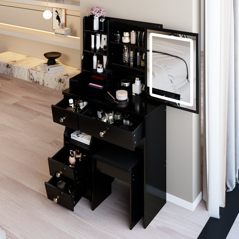 Left Drawer Desktop Vanity Table, Cushioned Stool, Touch - Operated, Tri Color Brightness Adjustable Led Mirror, Small Sized Sleeping Rooms Sized, Compact Bed