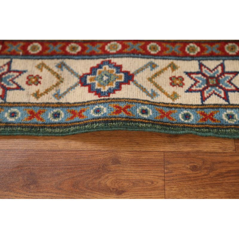 Tapis de couloir vert kazak en laine vert fait à la main 3 x 10