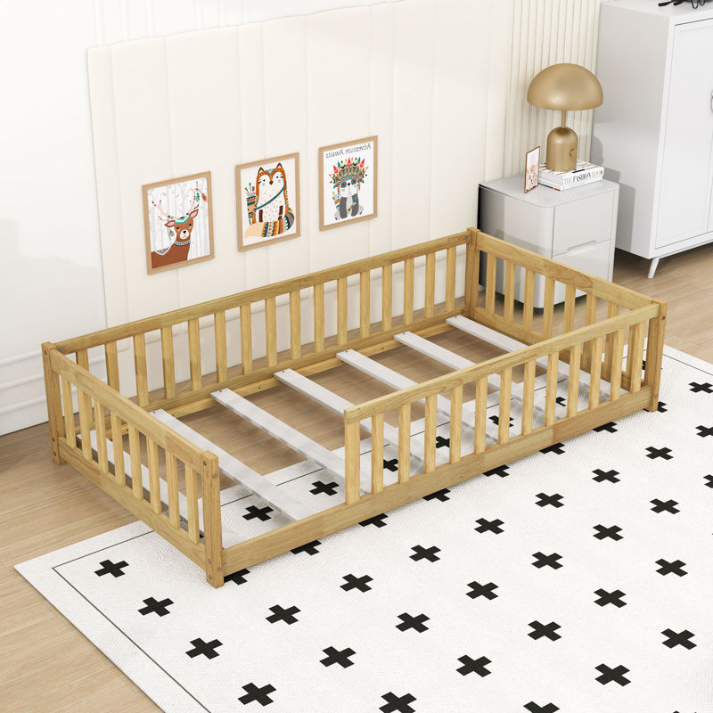 Twin Size Floor Bed With Fence, Natural