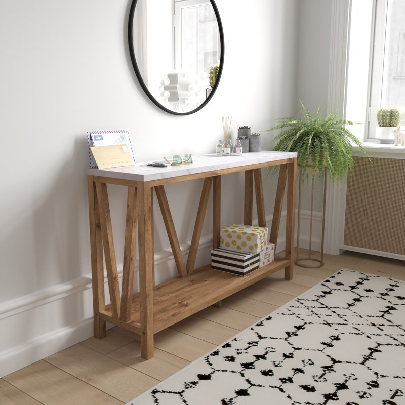 Modern 2-Tier Farmhouse Entryway Living Room Console Accent Table, Marble Top/Warm Oak Base