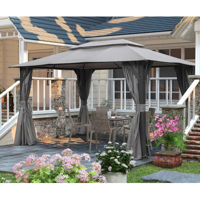 Pavillon de jardin d'extérieur 10 pi x 13 pi pour terrasse, pavillon de jardin en métal à toit souple avec double toit, tente de réception robuste avec moustiquaire et rideaux d'intimité pour terrasse de jardin