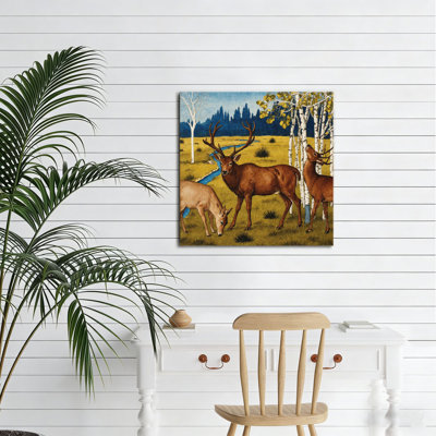 «Deer Herd On Grassland», art mural en bois encastré ， 16 x 16