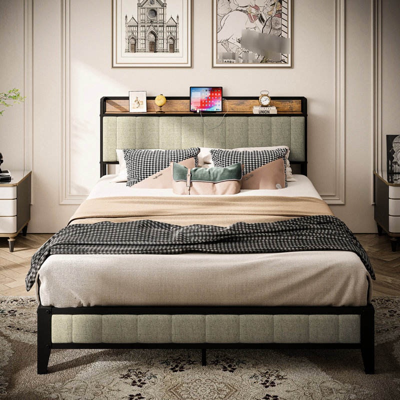 Gray Linen Upholstered Headboard Full Size Bed Frame With Metal Platform & Charging Port Charging, Size, Grayish Blue, Full