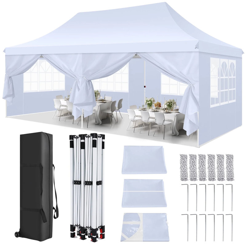 118" W x 118" D Pop Up Canopy Tent with 6 Sidewalls - Adjustable Height, Waterproof & UV-Resistant, Includes Carry Bag, Sandbags, Stakes, and Ropes for Parties & Commercial Use"