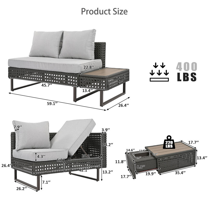 6-Person Diamond Woven Patio Combo Furniture Set With Extendable Coffee Table, Ice Bucket, Folding Seats With Side Table And Deep Cushion