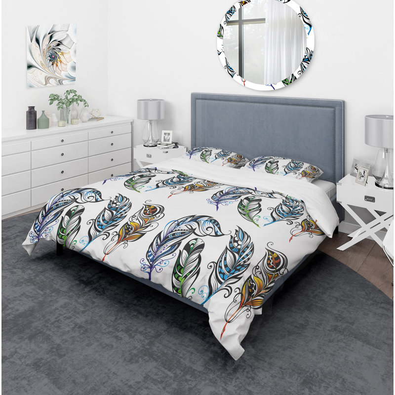 Feathers - Modern Eclectic Duvet Cover Set - Microfiber Polyester, King Duvet Cover + 2 Shams