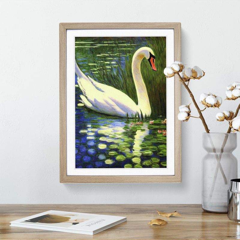 Swan In The Pond - Single Picture Frame Print, Oak Framed, 46cm H x 34cm W x 2cm D
