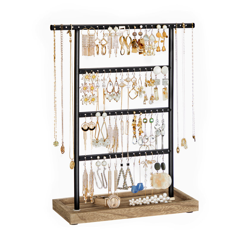 Jewellery Stand, 4 Tier Earring Holder Stand with Tray, Black