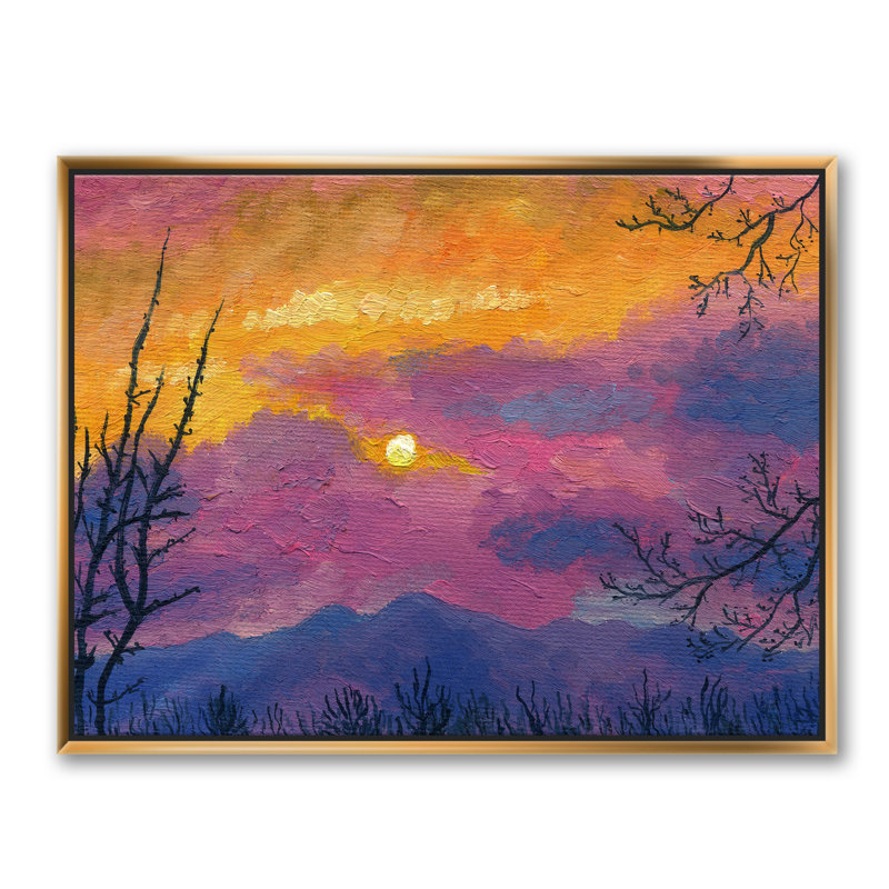 Coucher de soleil sur les montagnes - reproduction d'art sur toile, H 24 po x l 32 po x P 1 po, Toile encadrée d'or