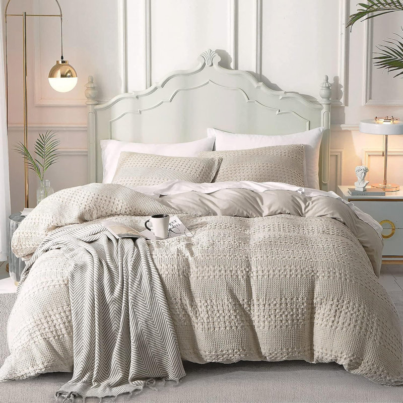 Ensemble de housse de couette Waffle Weave, Housse de couette grand et 2 taies d'oreiller stan, Kaki