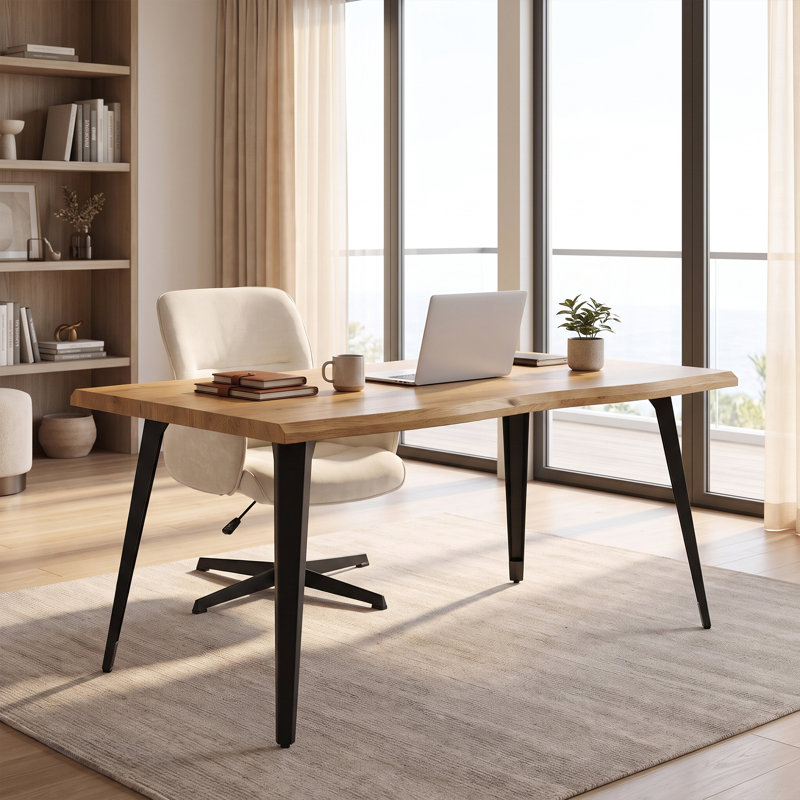 Modern Home Office Desk and Swivel Chair Set – 63" Desk Top with Wave Edge & Adjustable Fabric Upholstered Chair