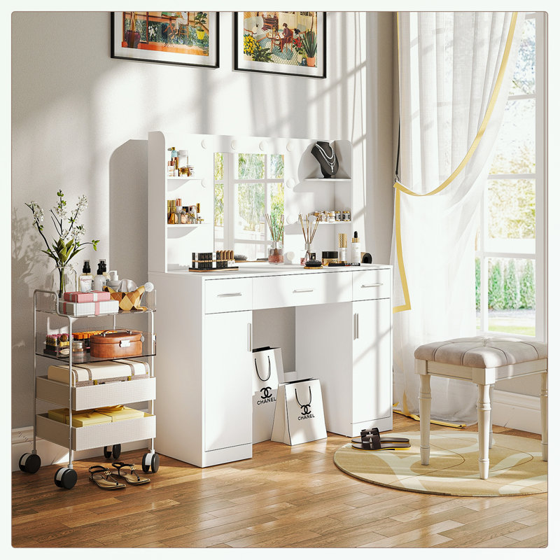 Dressing Table with Light Mirror, Drawers and Storage Shelves