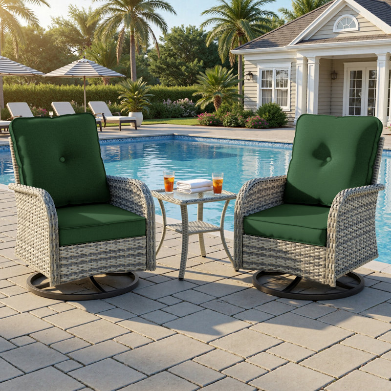 2-Person Patio Conversation Set With Rocking Swivel Chairs And Tempered-Glass Table, Forest Green