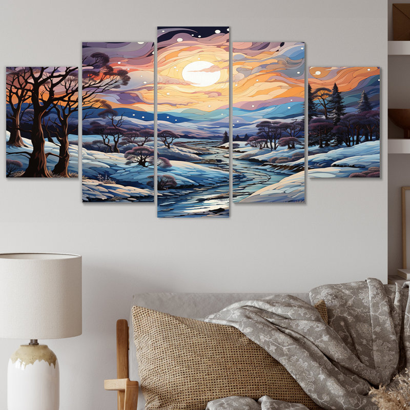 «Beautiful Country Charm In Winter III» - Décoration murale paysage d'hiver - 5 panneaux