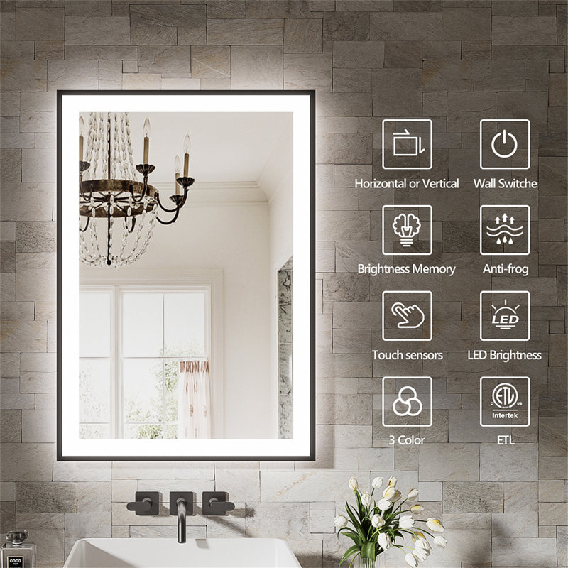 28X36 Inch Frameless LED Bathroom Mirror, 36" H x 28" W