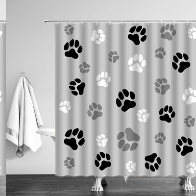 PawPrint Paradise: Cute Black & White Pet Lover Shower Curtain - Modern Polyester Fabric with Hooks
