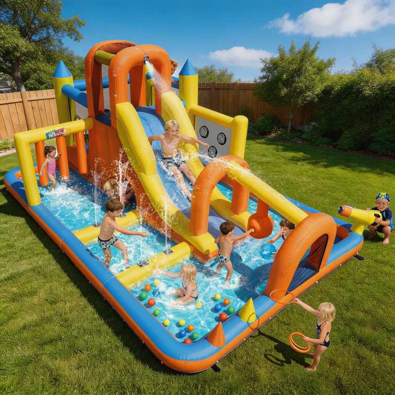 Parc aquatique gonflable de 15,7 pi avec centre d'activités 10-en-1, glissades doubles, mur d'escalade et souffleur certifié UL pour les enfants de 3 à 12 ans