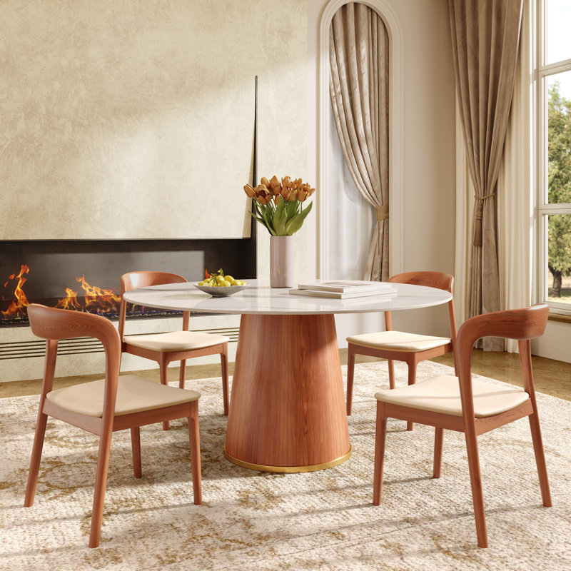Table de salle à manger ronde 6 pièces en pierre avec chaises ergonomiques en bois, H 29,52 po x l 53,15 po x P 53,15 po