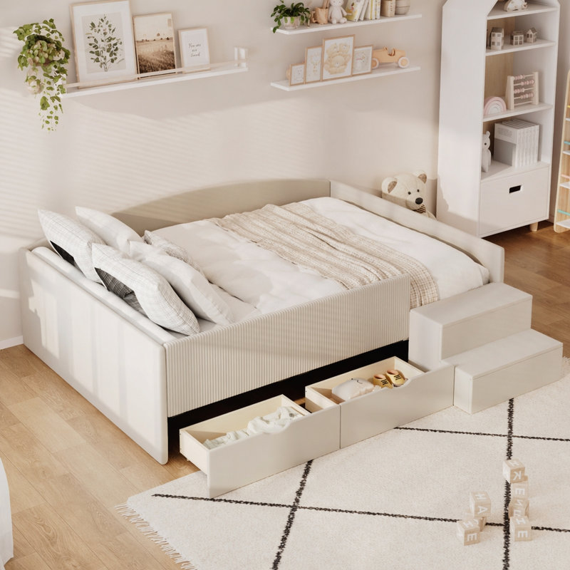 Lit de jour rembourré avec tiroirs de rangement, Beige, Full / Double