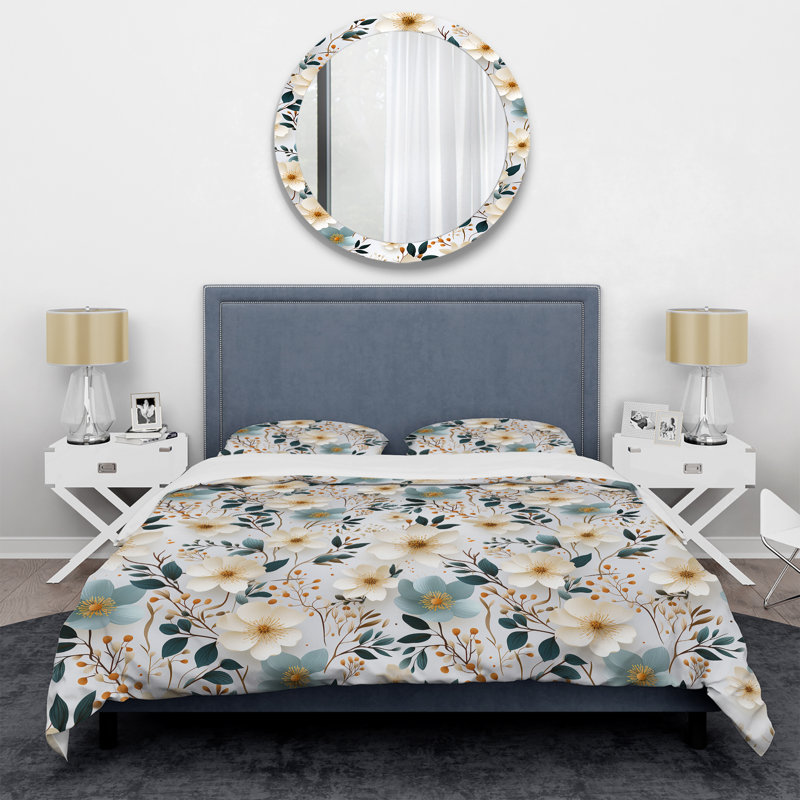 Ensemble de housse de couette White and Beige Minimalist Floral Bedding III