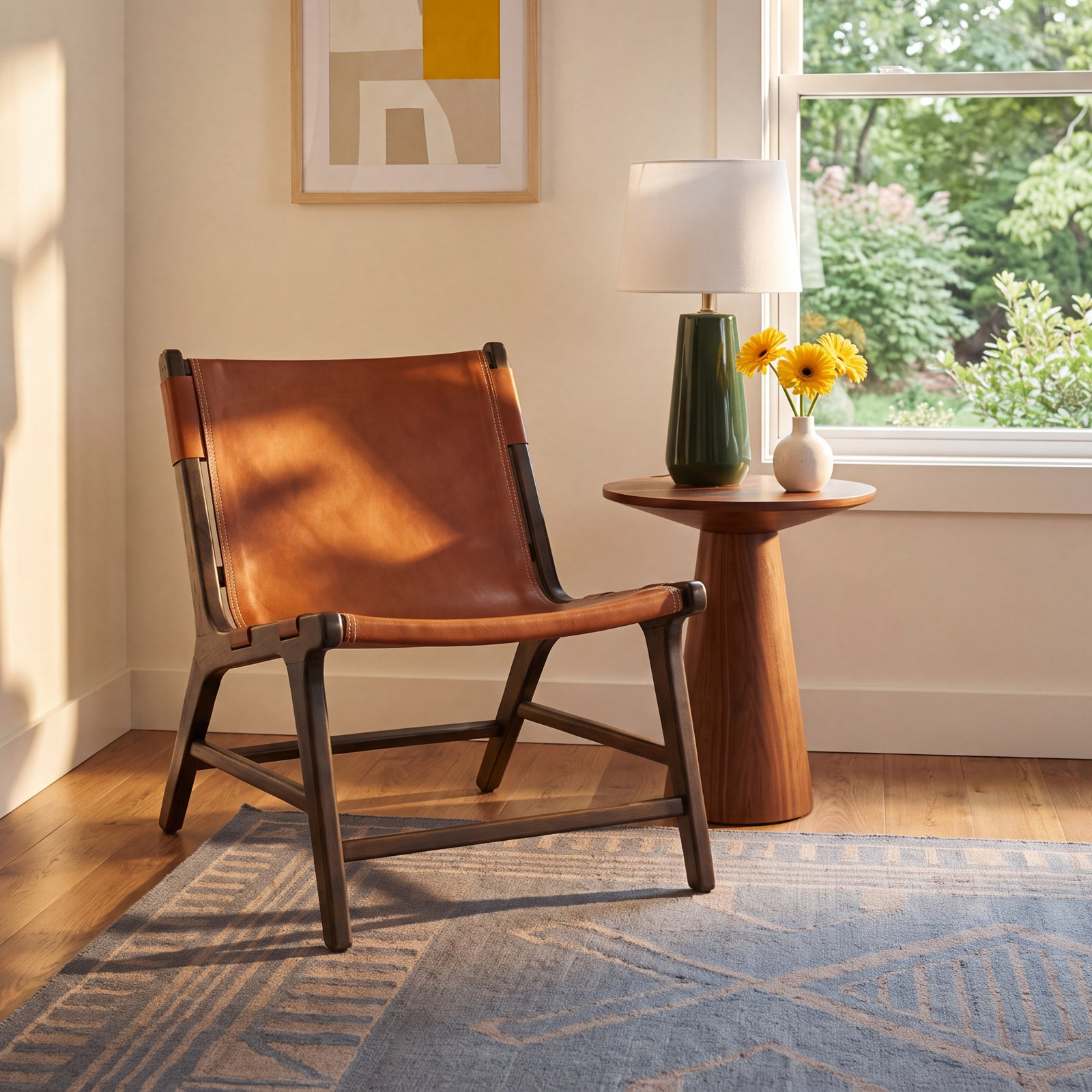  Teak Genuine Leather Armchair, Brown Leather, Walnut