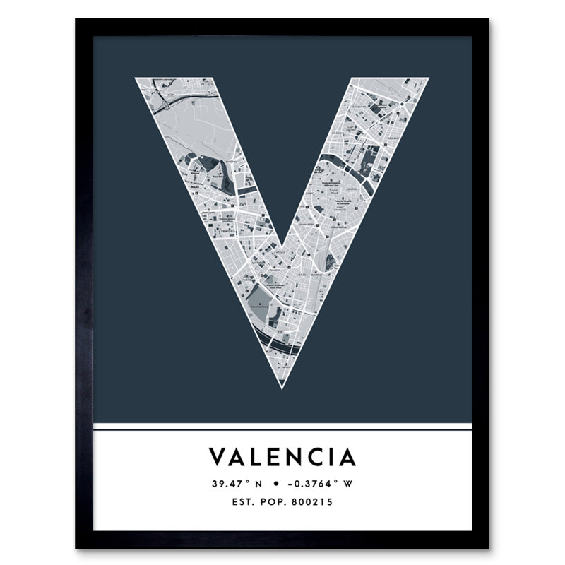 Valencia City Map Valencia Navy - Single Picture Frame Typography