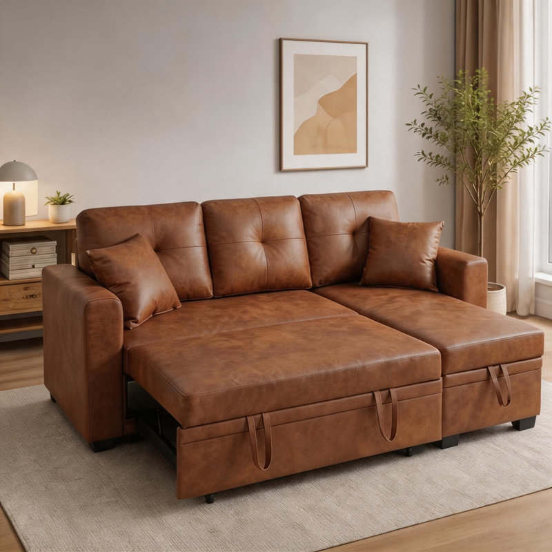 71" Reversible Sleeper Sectional with Pull-Out Bed & Storage, Light Brown Polyester