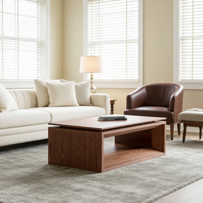 43.3'' Lift-top Coffee Table Solid Wood Veneered Modern Coffee Table Accent Tea Table with Storage and Adjustable Height for Living Room, Bedroom, Apartment or Office, Walnut