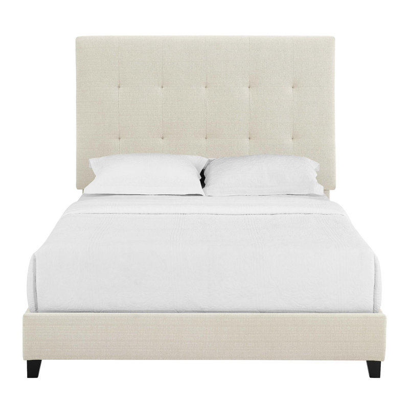 Grand lit plateforme tapissier capitonné beige