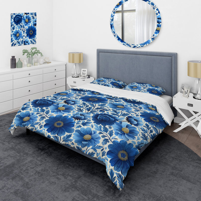 Cobalt Blue Floral Transitional VI - Ensemble de housse de couette transitionnel