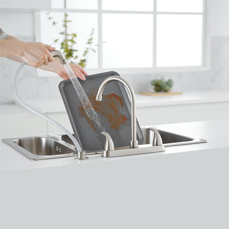 4-Hole Kitchen Faucet With Side Sprayer Double Handle Kitchen Sink Faucets Brass High Arc Kitchen Basin Taps With Swivel Spout