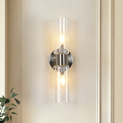 Applique murale cylindrique moderne à 2 lumières, à intensité variable, avec verre transparent et finition nickel brossé, pour salle de bain