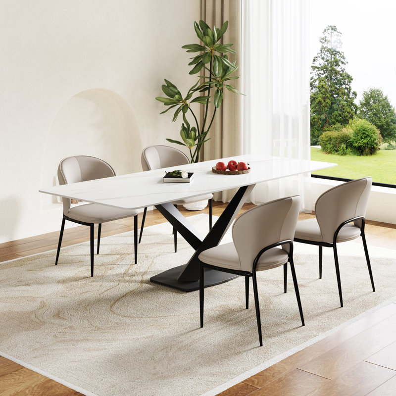 Modern 63" White Marble Dining Table Set With 4 Upholstered Chairs, Faux Leather Dining Chairs With Stainless Steel Legs, Rectangular Kitchen Table And Chair Set For Dining Room